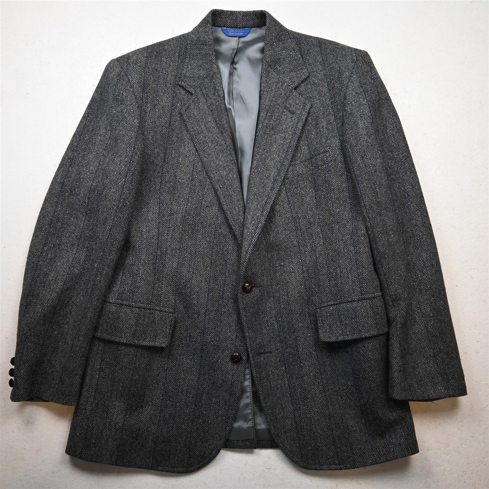 Vtg Pendleton 44L Gray Herrinbone 100% Wool Tweed Blazer Jacket Sport Coat